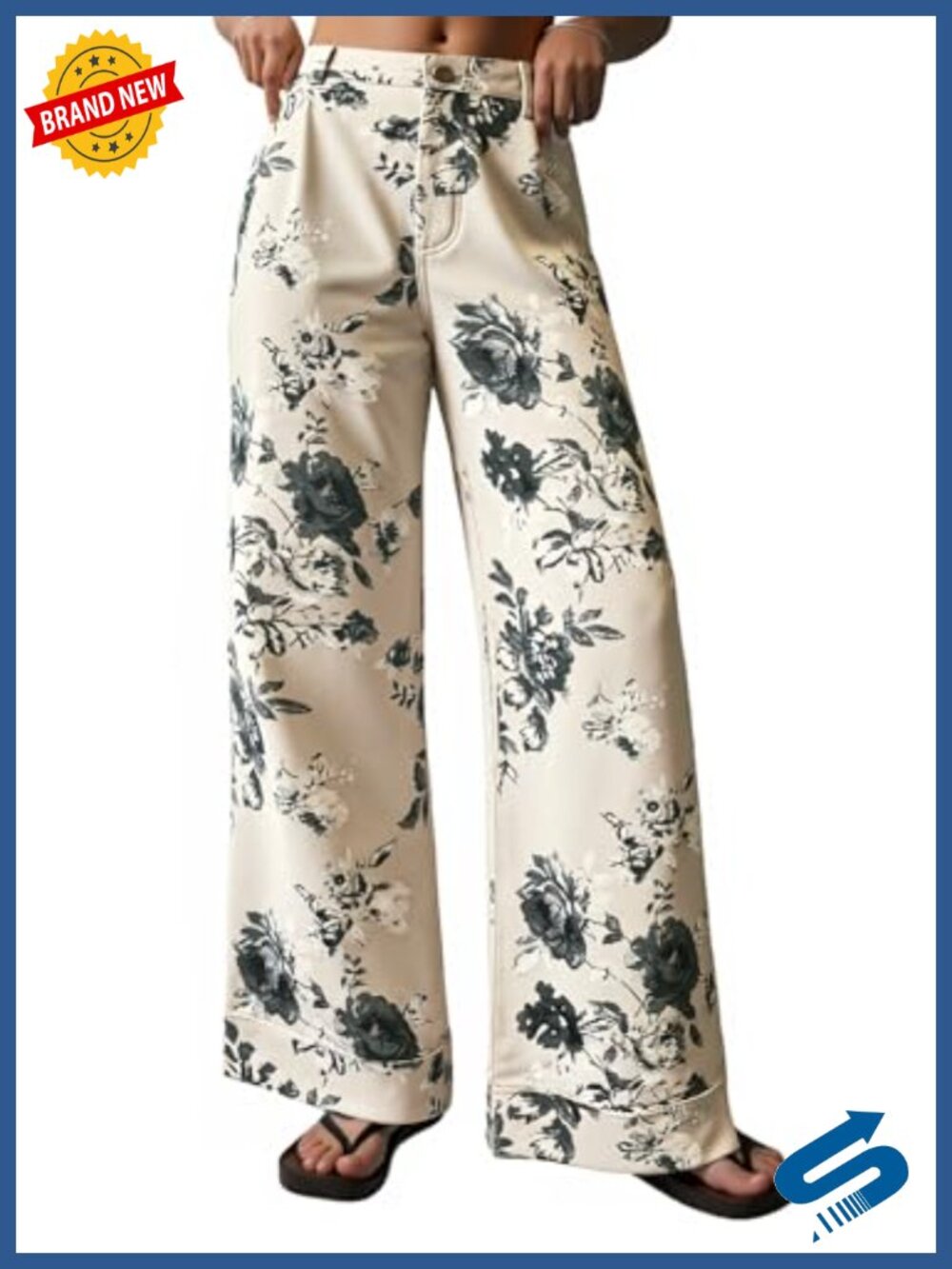 Floral Baggy Wide Leg Jeans High Waisted Cotton Blend Denim
